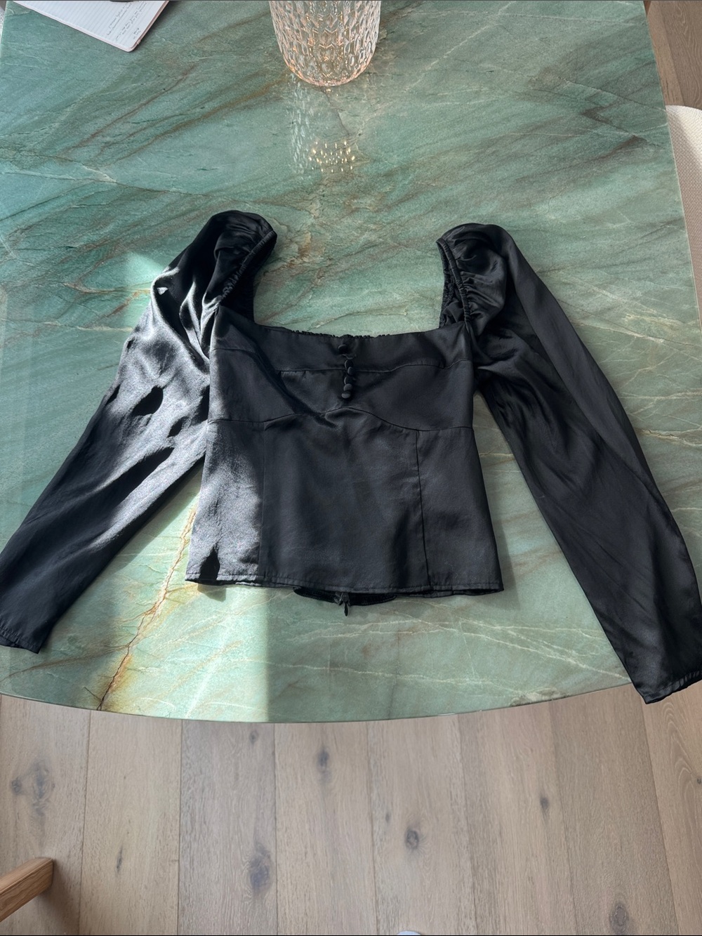 Black Long-Sleeve Satin Square-Neck Top